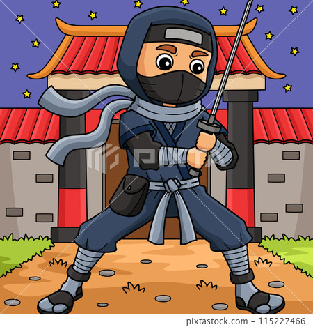 Ninja Holding Katana Colored Cartoon Illustration 115227466