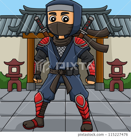 Ninja with Armor Colored Cartoon Illustration 115227476