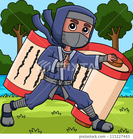 Ninja Holding a Big Scroll Colored Cartoon Ninja Holding a Big Scroll Colored Cartoon 115227483