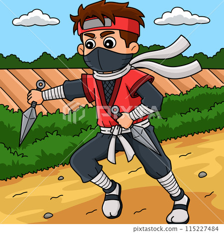 Ninja Holding a Kunai Colored Cartoon Illustration Ninja Holding a Kunai Colored Cartoon Illustration 115227484