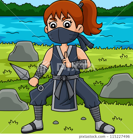 Ninja Kunoichi with a Kunai Colored Cartoon Ninja Kunoichi with a Kunai Colored Cartoon 115227496