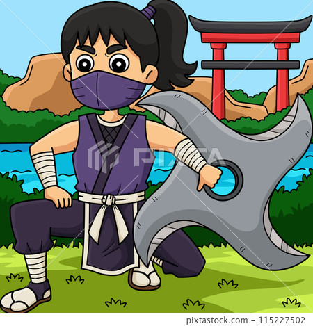 Ninja Kunoichi with a Big Shuriken Colored Cartoon Ninja Kunoichi with a Big Shuriken Colored Cartoon 115227502
