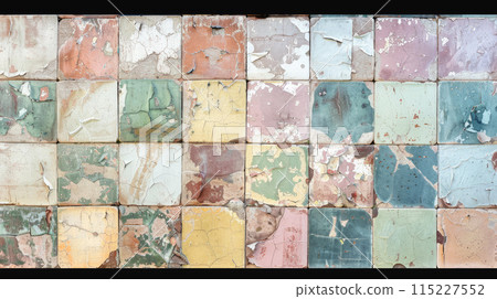 Aged Mosaic Wall Texture With Peeling Paint In Rustic pastel Neutral Tones. Abstract background of old pieces 115227552