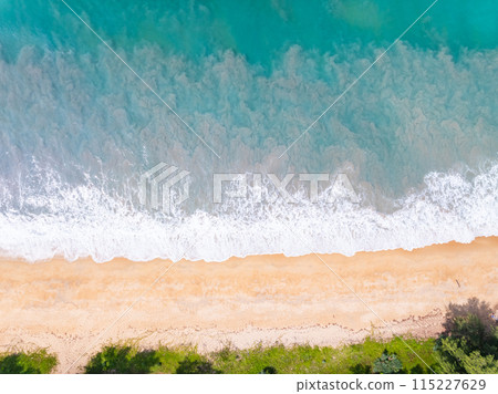 Top view beach with waves crashing on sandy shore,Beautiful waves sea surface in summer seascape background,Amazing beach colorful water background Top view beach with waves crashing on sandy shore,Beautiful waves sea surface in summer seascape background,Amazing beach colorful water background 115227629