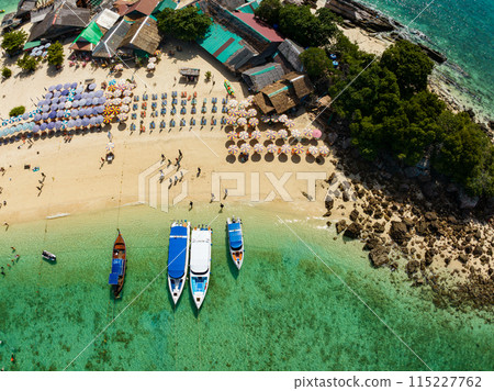 Aerial view drone shot of Amazing small island beautiful tropical sandy beach landscape view at koh Khai maew Island in Phang Nga Thailand,Amazing small island with many Cats live in small island Aerial view drone shot of Amazing small island beautiful tropical sandy beach landscape view at koh Khai maew Island in Phang Nga Thailand,Amazing small island with many Cats live in small island 115227762