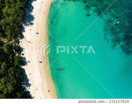 Amazing top view beach Aerial view of Tropical beach sea in the beautiful Phuket island Located at Freedom beach Phuket Thailand 115227820