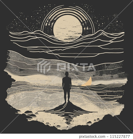 Surfer on the beach. Hand drawn vector illustration. Vintage style. 115227877