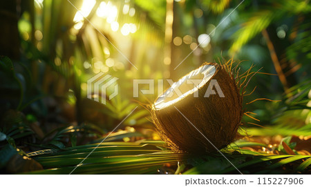 Juicy coconut in the lush jungle sunlight. Tropical Vacation, Summer Refreshment 115227906