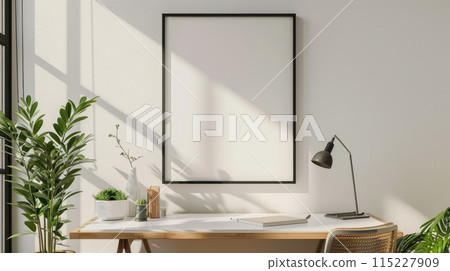 Empty picture frame mockup. A vertical wall art poster hanging on a wall above a desk. 115227909