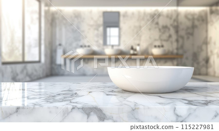 White bathroom interior. Empty marble table top for product display with blurred bathroom interior background 115227981
