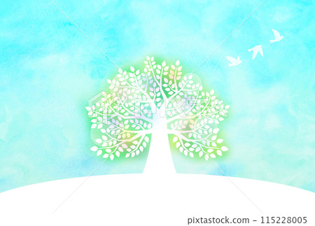 Watercolor style, flapping birds and a fantastic big tree 115228005