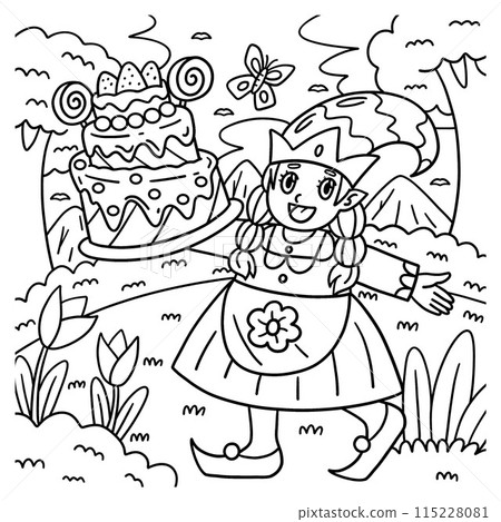 Gnome with Birthday Cake Coloring Page for Kids 115228081
