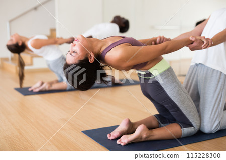 Scene of a group of people practicing couples yoga Scene of a group of people practicing couples yoga 115228300