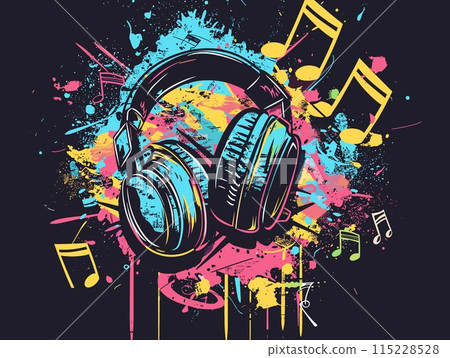 Headphones and musical notes on grunge background. Vector illustration. 115228528