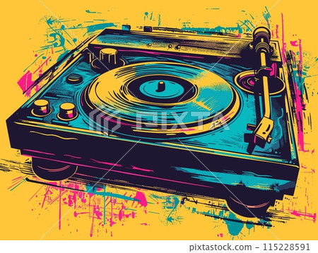 Turntable vinyl record player on grunge background. Vector illustration. 115228591