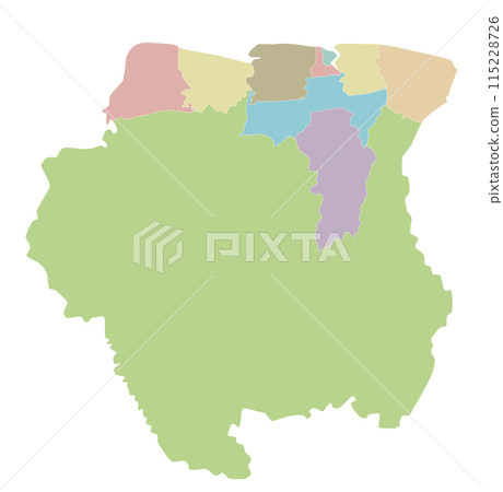 Vector blank map of Suriname with districts and administrative divisions. Editable and clearly labeled layers. Vector blank map of Suriname with districts and administrative divisions. Editable and clearly labeled layers. 115228726