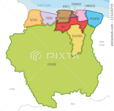 Vector illustrated map of Suriname with districts and administrative divisions, and neighbouring countries. Editable and clearly labeled layers. 115228735
