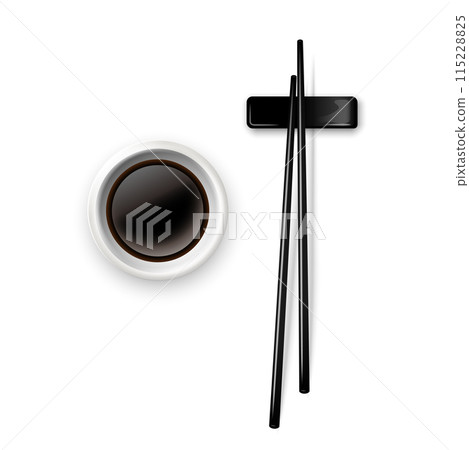 Sushi chopsticks and soy sauce in bowl. Chinese or Japanese cuisine elements for eating vector illustration. Black wooden pair of sticks and plate with soya on white background 115228825
