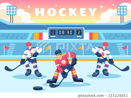 Ice Hockey Player Sport Vector Illustration featuring a Helmet, Stick, Puck, and Skates on an Ice Surface for Game or Championship in a Flat Cartoon 115228851