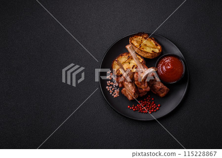 Delicious juicy meat on the bone or rack of lamb or grilled veal Delicious juicy meat on the bone or rack of lamb or grilled veal 115228867