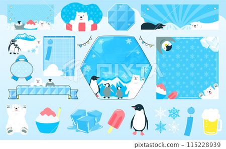 Penguin and polar bear summer frame set: Cool ice and ice illustration material Penguin and polar bear summer frame set: Cool ice and ice illustration material 115228939