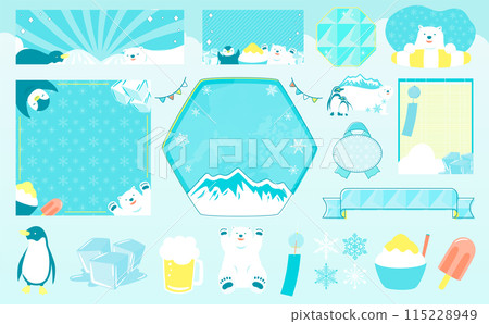 Penguin and polar bear summer frame set: Cool iceberg, drift ice and ice illustration material 115228949