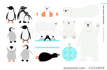 Cute penguin and polar bear summer vector illustration material set 115228956