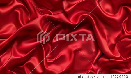 Red silk, wave fabric texture. Liquid smooth drapery for valentine or love concept. Curve satin sheet background. Fashion elegant abstract cloth. Luxury silky textile wallpaper Red silk, wave fabric texture. Liquid smooth drapery for valentine or love concept. Curve satin sheet background. Fashion elegant abstract cloth. Luxury silky textile wallpaper 115229300