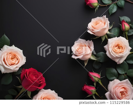 Beautiful roses on black background, top view Beautiful roses on black background, top view 115229586