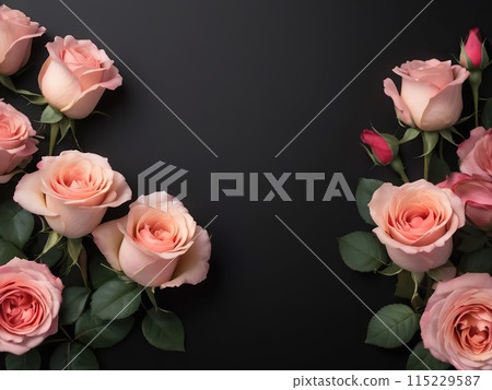 Beautiful roses on black background, top view. Space for text Beautiful roses on black background, top view. Space for text 115229587