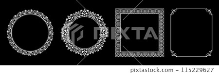 Set of decorative frames Elegant vector element for design in Eastern style, place for text. Floral black and white borders. Lace illustration for invitations and greeting cards. 115229627