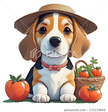 Summer vegetable tomato and beagle wearing a straw hat 7 / flyer and poster material 115229648