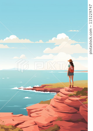 adventure girl stands on cliff by the ocean illustration 115229747