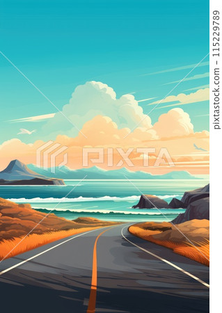 road trip in nature landscape by coast illustration 115229789