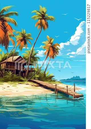 wooden bungalow on beautiful tropical beach illustration 115229817