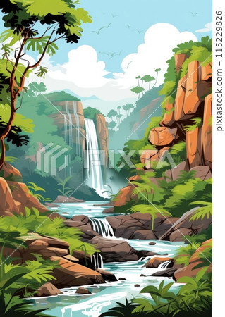 tropical waterfall in jungle landscape illustration 115229826
