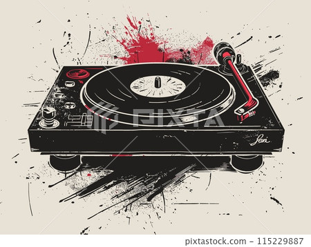 Vintage turntable. Grunge background. Vector illustration. Vintage turntable. Grunge background. Vector illustration. 115229887