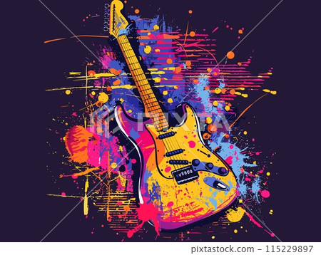 Guitar on grunge background with splashes. Vector illustration. 115229897