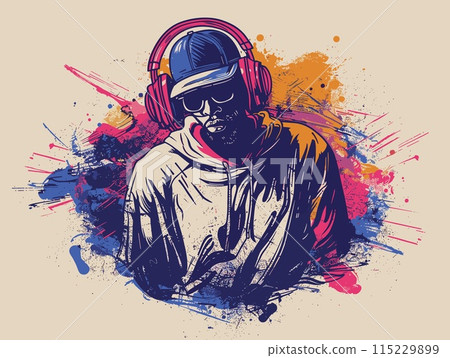 Vector illustration of a man wearing headphones and listening to music in a grunge style. 115229899