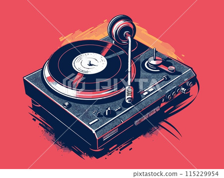 Retro turntable with vinyl record on red... - Stock Illustration ...