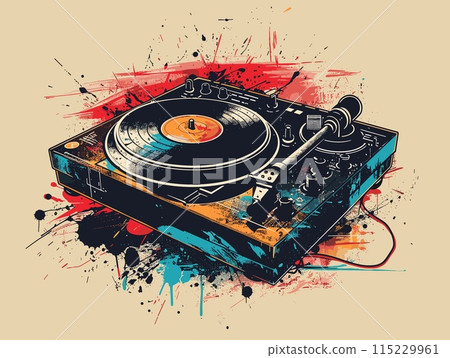 Vintage turntable with vinyl record. Grunge vector illustration 115229961