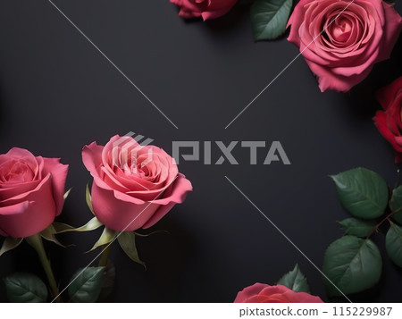 Flowers composition. Frame made of roses on black background. Flat lay, top view, copy space Flowers composition. Frame made of roses on black background. Flat lay, top view, copy space 115229987