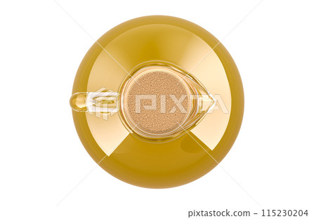 Glass bottle of yellow oil with a cork, top view. 3D rendering 115230204