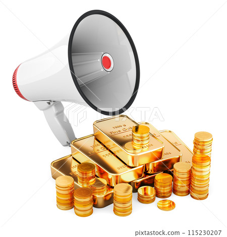 Megaphone with golden coins and gold bars, 3D rendering 115230207