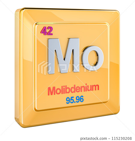 Molybdenum Mo, chemical element sign with number 42 in periodic table. 3D rendering 115230208