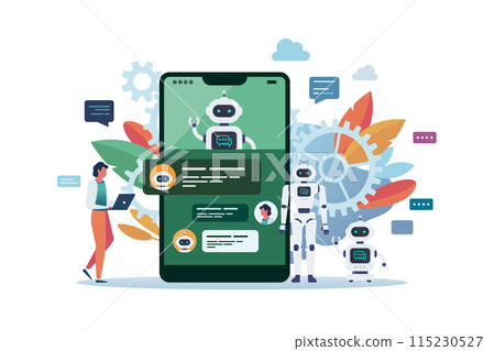 Man chatting with android robot or chat bot on smartphone screen. Artificial Intelligence. Man chatting with android robot or chat bot on smartphone screen. Artificial Intelligence. 115230527