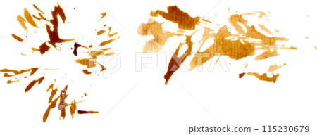Spilled black coffee, splashes and drops in different directions 115230679