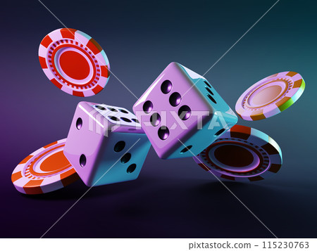 Poker chips and dice roll in neon light on black background. Falling casino game icons 3d render. Red and yellow gambling coin money, tokens and white cubes in motion, Vegas concept. 3D illustration Poker chips and dice roll in neon light on black background. Falling casino game icons 3d render. Red and yellow gambling coin money, tokens and white cubes in motion, Vegas concept. 3D illustration 115230763