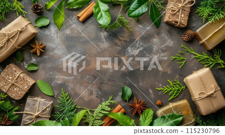 Green Leaves and Bottles of Lotion Surrounding Towels and Salt on a Light Blue Background 115230796