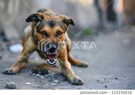 angry aggressive dog on the city street dangerous and may be infected. Rabies concept 115230816